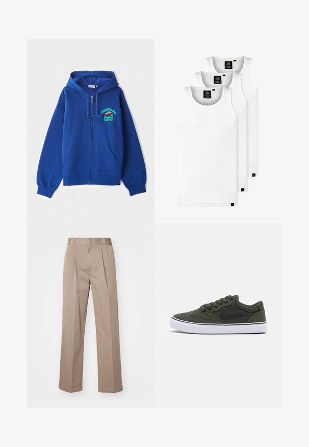 Blue zip-up hoodie made of soft fabric. Features a drawstring hood and front pockets. Includes colorful graphic text on the left chest.; Three white ribbed tank tops made of cotton. Features a crew neck and small black labels near the hem. Available in multiple sizes.; Beige, high-waisted trousers with a wide-leg design. Features two front pleats and a smooth texture. Standard length with a clean finish.; Green suede sneaker with black accents and white rubber sole; features laces, padded collar, and a side logo. Smooth texture, low-top design.