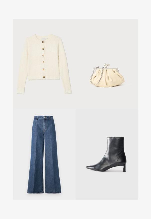 Tiger of Sweden ULAA - Cardigan - cream white; Hvid, stribet T-shirt med kortærmer og rund hals. Stoffet ser glat ud med en tætsiddende silhuet. Brandingmærke synligt ved kraven.; Bredde ben blå denim jeans med høj talje, med klassisk fem-lomme stil og knaplukning, lavet af struktureret bomstof.; Sort læder ankelstøvle med spids tå og et strømlinet design. Har en lav hæl og en lynlås lukning bagpå. Glat tekstur.; Plisseret beige læderclutch med en sølvmetalramme, der har to runde dekorative låse og en sølvkædetrasporte.
