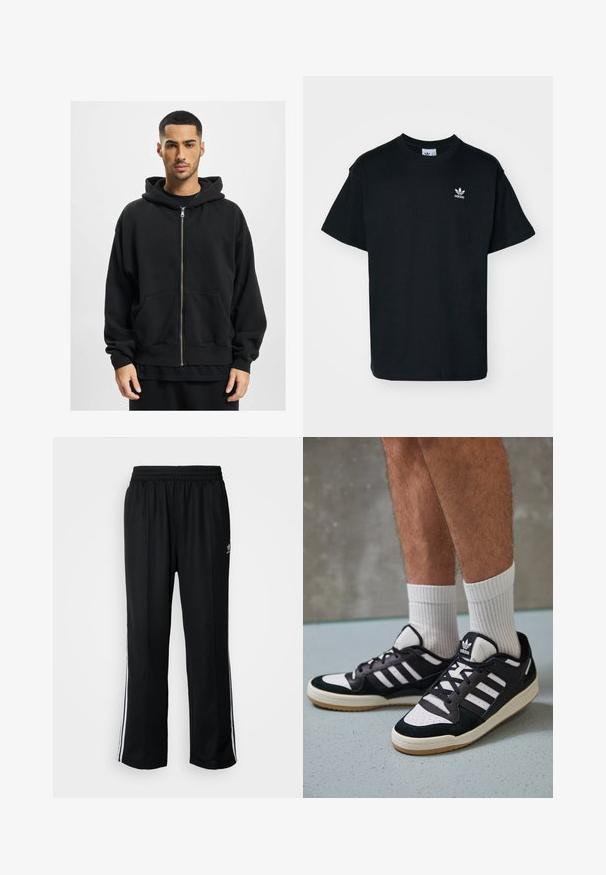 Felpa nera con zip realizzata in tessuto morbido, caratterizzata da un grande cappuccio, due tasche anteriori e polsini a coste. Vestibilità comoda e design minimale.; T-shirt in cotone nero con collo rotondo e maniche corte, caratterizzato da un piccolo logo bianco Adidas sul lato sinistro del petto.; Pantaloni da allenamento neri con elastico in vita, dotati di bande laterali bianche e un piccolo logo. Il materiale sembra morbido e leggero.; Sneaker bianco e nero con tomaia in suede e pelle, caratterizzati da tre strisce bianche, punta perforata e suola in gomma naturale.