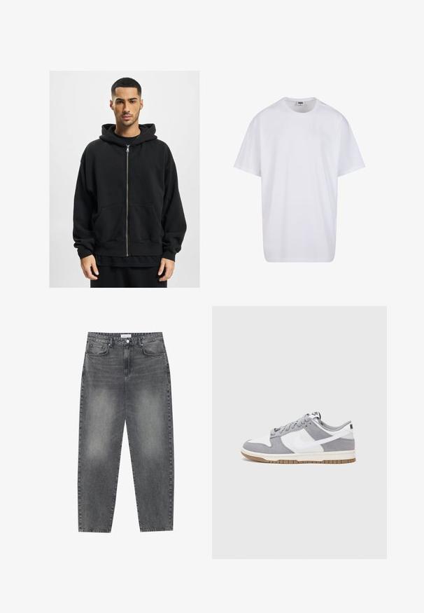 Schwarze Zip-Hoodie aus weichem Stoff, mit einer großen Kapuze, zwei Fronttaschen und gerippten Bündchen. Lässige Passform und minimales Design.; Weiße Baumwoll-T-Shirt mit kurzen Ärmeln, rundem Ausschnitt, lockerer Passform und ohne sichtbare Logos oder Muster. Glatte Textur und minimalistisches Design.; Hoch taillierte, locker sitzende Jeans aus verwaschenem schwarzem Denim. Verfügt über fünf Taschen, Gürtelschlaufen und ein sauberes, gerades Bein-Design.; Graue und weiße Sneaker mit einem Obermaterial aus Wildleder und Leder, abgerundeter Spitze, flachen Schnürsenkeln und einer Gummisohle mit einem Kautschukakzent.