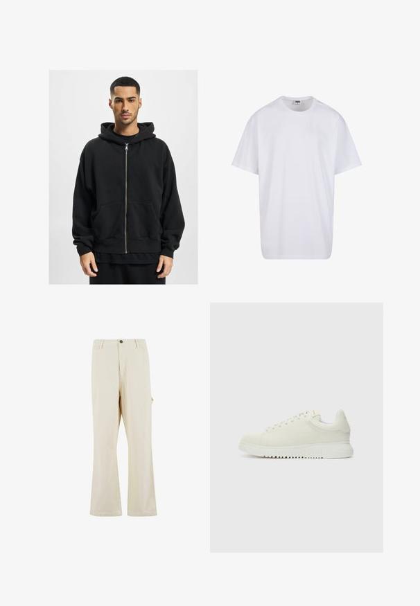 Juodas zip-up džemperis, pagamintas iš minkštos medžiagos, su dideliu gaubtu, dviem priekinėmis kišenėmis ir ribotais manžetais. Atsipalaidavęs siluetas ir minimalus dizainas.; Balta medvilninė marškinėlių užsagėlė su trumpomis rankovėmis, apvaliu kaklu, laisva forma ir be matomų logotipų ar raštų. Lygi tekstūra ir minimalus dizainas.; Kreminės plačios kelnės, pagamintos iš medvilnės mišinio su mygtuko užtrauktuku. Turi šonines kišenes ir subtilią tekstūrą. Matoma siūlių detalizacija.; Balti odiniai sportbačiai su tekstūruotu paviršiumi, apvaliu nosiu, plokščiu baltu padu ir toninėmis raištelėmis. Diskretiškas prekės ženklas ant liežuvio.
