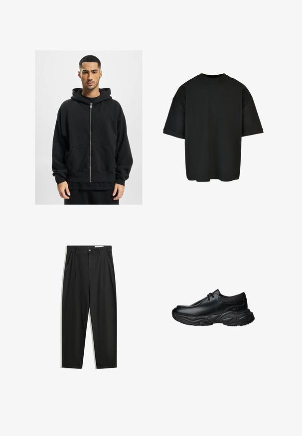 Zwarte zip-up hoodie van zachte stof, met een grote capuchon, twee zakken aan de voorkant en geribbelde manchetten. Ontspannen pasvorm en minimalistisch design.; Zwarte oversized t-shirt van ribstof. Ronde hals, korte mouwen en een relaxte pasvorm met een rechte zoom. Eenvoudig en veelzijdig ontwerp.; Zwarte katoenen broeken met een losse pasvorm, voorzien van een klassieke tailleband, voorplooien en zijzakken. Gladde structuur zonder patronen.; Zwarte leren instapschoenen met een ronde neus en een dikke, gestructureerde rubberen zool. Bevat subtiele stiksels en elastische accenten bij de kraag.