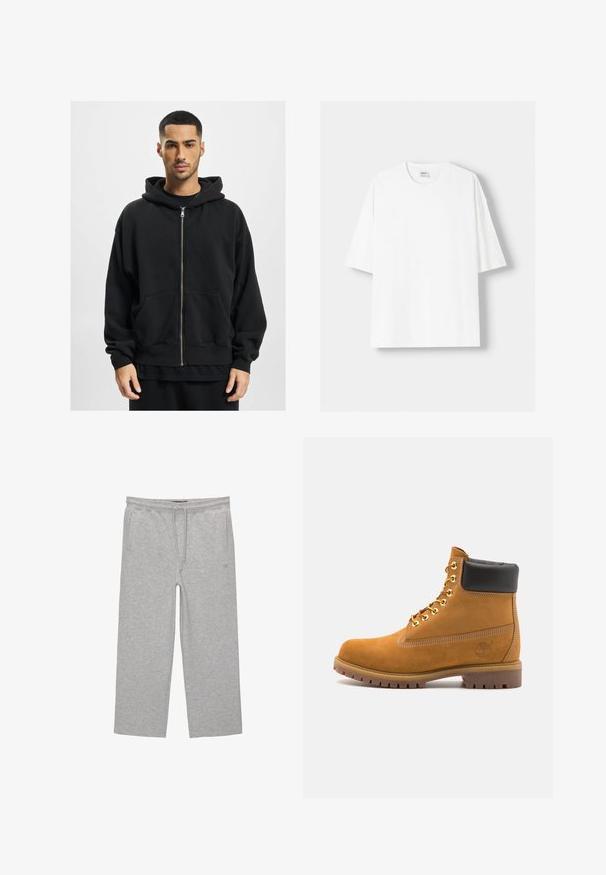 Černá zipová mikina vyrobená z měkké látky, vybavená velkou kapucí, dvěma předními kapsami a pružnými manžetami. Uvolněný střih a minimalistický design.; Bílá krátkosrstá tričko s krátkým rukávem vyrobené z bavlny, se zaobleným výstřihem a volným střihem. Hladká textura, bez viditelných vzorů nebo akcentů.; Šedé bavlněné tepláky s elastickým pasem, šňůrkou na stažení a dvěma bočními kapsami; rovný střih, měkký povrch, bez vzoru.; Hnědé semišové kotníkové boty s černým polstrovaným límcem, zlatými kovovými očky, bílým prošíváním a odolnou gumovou podrážkou s výraznými drážkami.