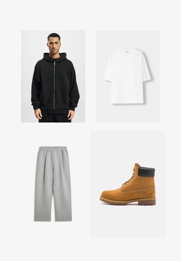 Hanorac negru cu fermoar, realizat dintr-un material moale, având o glugă mare, două buzunare frontale și manșete cu nervuri. Croială lejeră și design minimalist.; Tricou alb cu mânecă scurtă, confecționat din bumbac, cu un decolteu rotund și o croială lejeră. Textură netedă, fără modele sau accente vizibile.; Pantaloni de trening gri deschis, cu talie elastică și buzunare laterale, tăiere drept, dintr-o țesătură moale.; Cizmă de gleznă din întoarsă de culoare bej, cu guler negru căptușit, ochiuri din metal auriu, detalii de cusătură albă și talpă din cauciuc robustă, cu un model pronunțat.