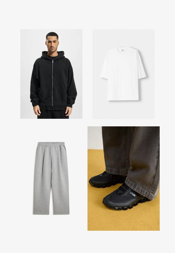 Black zip-up hoodie made of soft fabric, featuring a large hood, two front pockets, and ribbed cuffs. Relaxed fit and minimal design.; White short-sleeved t-shirt made from cotton, featuring a round neckline and a relaxed fit. Smooth texture, with no visible patterns or accents.; Light gray sweatpants with elastic waistband and side pockets, straight leg cut, made of soft fabric.; Black athletic shoes with a mesh upper, curved sole, and distinctive rounded accents. Paired with dark, loose-fitting pants.