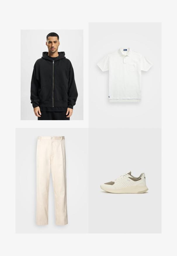 Musta tõmblukuga kapuutsiga pusa, mis on valmistatud pehmest kangast, omab suurt kapuutsi, kahte esimest taskut ja soonikkoes mansette. Mugav lõige ja minimaalne disain.; Valge polo särk, mis on valmistatud puuvillast, klassikalise kraega, kolme nööbiga kinnitusega ja vasakul rinnal taskuga; väike logo helmel.; Beesidised puuvillased püksid sirge jala lõikega, mis on varustatud nööpkinnituse ja ees olevate voltidega, et lisada detaili.; Valge ja heledat beeži värvi spordijalats, millel on õhuke võrkmaterjal, perforatsioonidega detailid ning tekstuuriga vahetald, millel on brändi logo kannaosas.