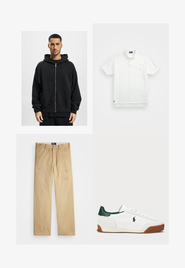 Svart hettegenser med glidelås laget av myk stoff, med stor hette, to frontlommer og ribbestrikkede ermer. Løs passform og minimalistisk design.; Hvit polo skjorte laget av bomull, med klassisk krage, tre-knapps ståkrage og lomme på venstre bryst; liten logo ved kanten.; Beige bomullsbukser med rett snitt. Har slitte lapper og broderte detaljer foran. Klassisk knapp- og glidelås-lukking.; Hvite sneakers med grønne lærdetaljer og en tan gummisåle. Har en stoffoverdel og en fremtredende logo på siden. Snøring.