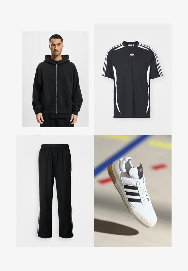 Schwarze Zip-Hoodie aus weichem Stoff, mit einer großen Kapuze, zwei Fronttaschen und gerippten Bündchen. Lässige Passform und minimales Design.; Schwarzes sportliches T-Shirt mit weißen Seitenstreifen und Adidas-Logo. Verfügt über einen Rundhalsausschnitt und kurze Ärmel, hergestellt aus glattem, leichtem Material.; Schwarze Sporthosen mit elastischem Bund, ausgestattet mit weißen Seitenstreifen und einem kleinen Logo. Das Material wirkt weich und leicht.; Weiße Adidas Mundial Goal Sneaker mit schwarzen Streifen und Gummisohle, die in der Luft über einem Sportboden mit bunten Linien gezeigt werden.