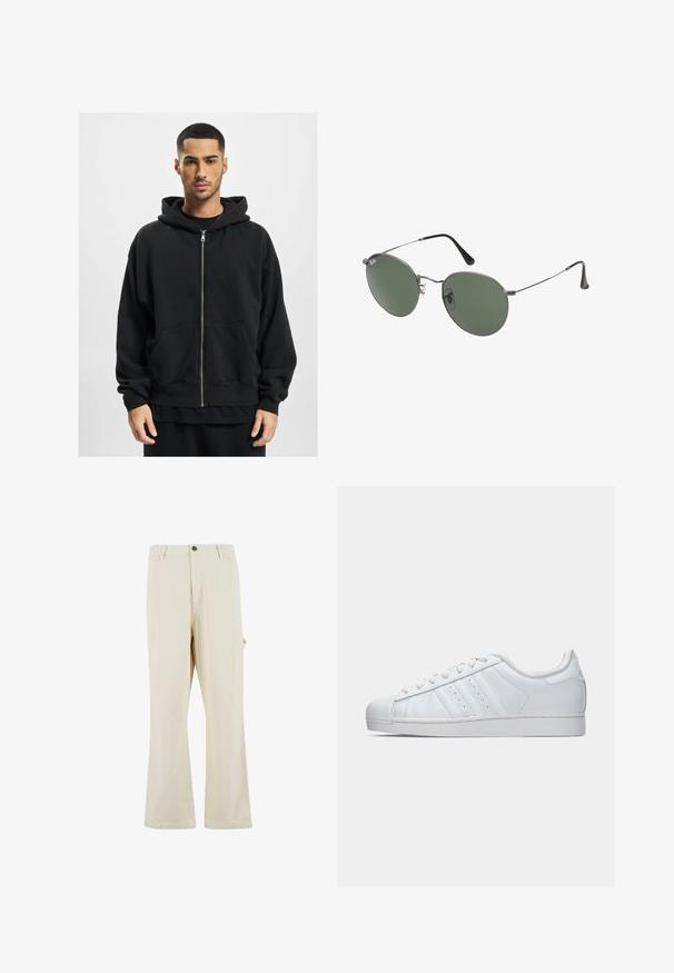 Sort zip-up hættejakke lavet af blødt stof, med en stor hætte, to forlommer og ribbede manchetter. Løs pasform og minimalistisk design.; Sort bomulds T-shirt med rund halsudskæring, korte ærmer og lige kant. Glat tekstur; enkel, udekoreret design.; Beige, vide bukser lavet af en bomuldsblandingsstof med knaplukning. Har sidelommer og en subtil tekstur. Syningerne er synlige.; Hvide lædersneakers med en struktureret gummitoekappe, tre sidelængdebånd og en polstret krave. Flade hvide snørebånd og et minimalistisk design.; Metalrammede solbriller med ovale grønne linser. Tynd sølvmetalramme og sorte ørepropper. Minimalistisk design, ingen synlige logoer.