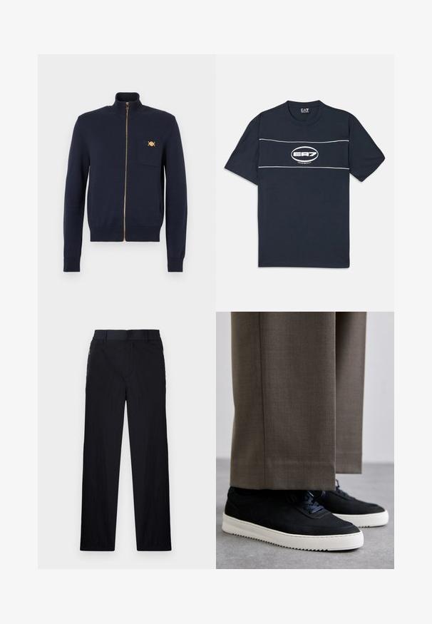 Tmavomodrý sveter na zapínanie na zips s vysokým golierom, rebrovanými manžetami a malým náprsným vreckom s ozdobnou zlatou sponou.; Námorníckomodrá bavlnená tričko s krátkymi rukávmi, s bielym logom a pruhmi cez hrudník. Okrúhly výstrih, voľný strih.; Čierne nohavice z ľahkého textúrovaného materiálu, s priamym strihom, elastickým pásom a bočnými zipsovými vreckami.; Čierne semišové tenisky s bielymi gumovými podrážkami, s okrúhlym prstom a šnúrkami, nosené s šedými vypracovanými nohavicami.
