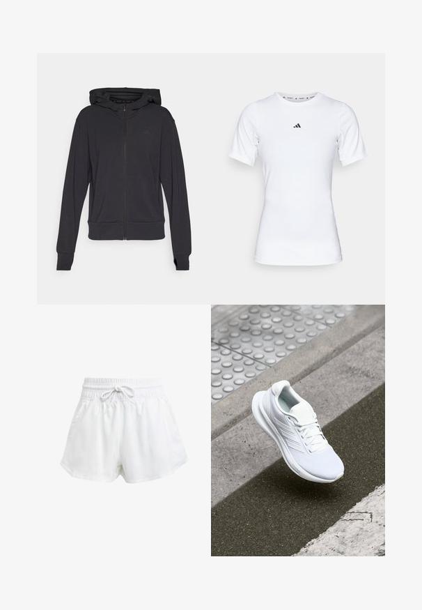 Zwarte zip-up hoodie van zachte stof, met een capuchon, lange mouwen en een subtiel logo op de linkerborst.; Witte sportshirt met korte mouwen, gemaakt van zachte, rekbare stof. Voorzien van een klein zwart Adidas-logo op de borst.; Witte sportieve shorts met een elastische tailleband en verstelbaar trekkoord. Gemaakt van lichtgewicht materiaal, met zijzakken en een losse pasvorm.; Witte sportschoen met een bovenwerk van mesh, vetersluiting en een textuurrijke zool. Subtiele branding en naadloze constructiedetails zichtbaar.