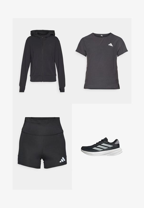 Sudadera con cremallera negra hecha de una tela suave, que presenta una capucha, mangas largas y un logo sutil en la parte izquierda del pecho.; Camiseta atlética de manga corta, gris oscuro con textura perforada. Presenta un logo blanco y rayas laterales en contraste. Escote redondeado.; adidas Performance Leggings - black; Zapatilla de correr negra con parte superior de malla, tres franjas plateadas, media suela blanca y suela texturizada. Incluye un cuello acolchado y cierre de cordones.