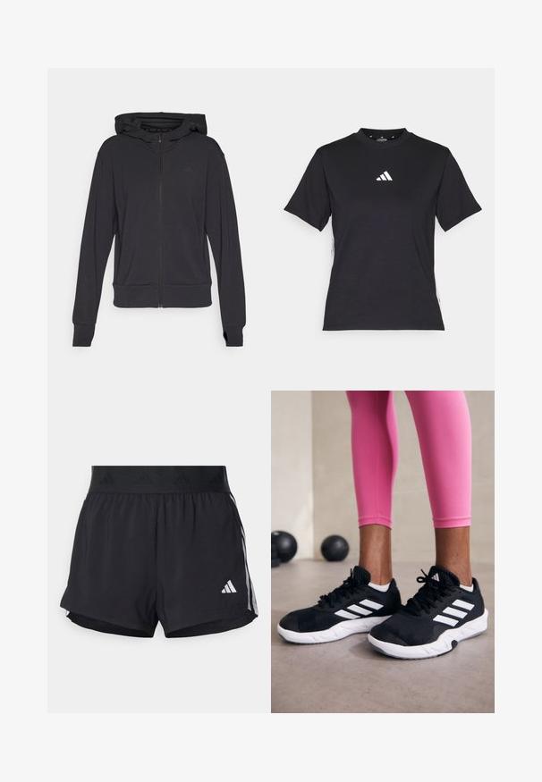 Black zip-up hoodie made of soft fabric, featuring a hood, long sleeves, and a subtle logo on the left chest area.; Black short-sleeve T-shirt made of soft fabric. Features a white Adidas logo and contrasting white stripes along the sides.; Black athletic shorts with an elastic waistband, featuring a textured band, side stripes, and a white Adidas logo on the lower hem.; Black athletic shoes with white stripes, textured mesh upper, and a white sole. Worn with pink leggings, showcasing training apparel.