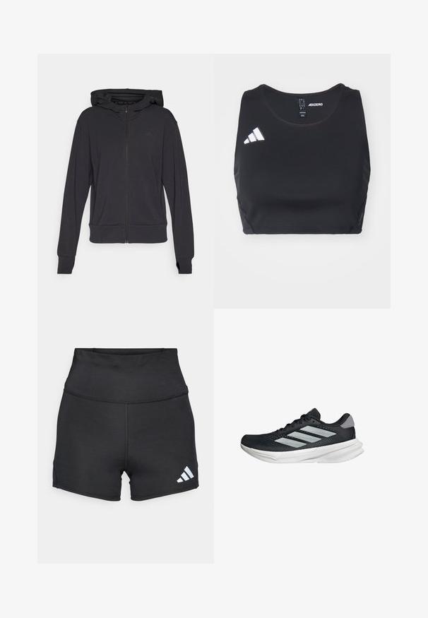 Zwarte zip-up hoodie van zachte stof, met een capuchon, lange mouwen en een subtiel logo op de linkerborst.; Zwarte atletische crop top van rekbaar materiaal. Voorzien van een ronde hals en het witte adidas-logo aan de linkerkant. Soepele textuur.; adidas Performance Tights - black; Zwarte hardloopschoen met een mesh bovenzijde, drie zilveren strepen, witte middenzool en een gestructureerde loopzool. Heeft een gevoerde kraag en een vetersluiting.