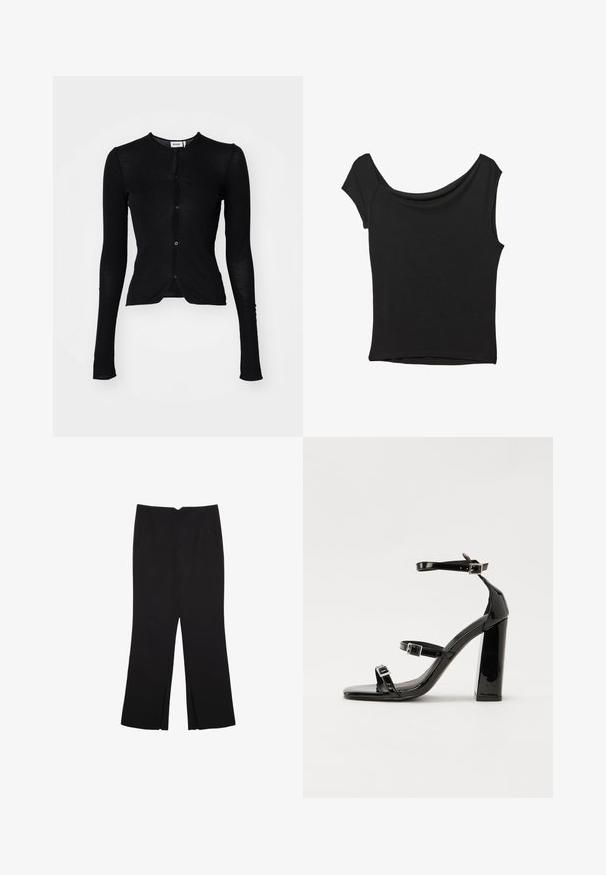 Weekday SLIM SINGLE BREASTED CARDIGAN - Strickjacke - black; Schwarzes Kurzarmoberteil aus glattem Stoff; hat einen drapierten Ausschnitt und einen asymmetrischen Saum, mit einem figurbetonten Körper.; Schwarze Hose mit geradem Schnitt, ausgestattet mit Fronttaschen und Seitenschlitzen am Saum. Hergestellt aus weichem, glattem Stoff. Geeignet für verschiedene Anlässe.; Schwarze patentierte Sandalen mit Absatz, quadratischer Spitze, Knöchelriemen und silbernen Schnallen. Mit einem stabilen Blockabsatz für mehr Stabilität.