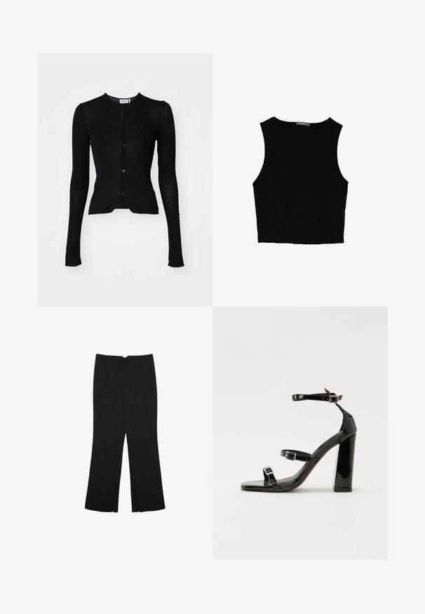 Weekday SLIM SINGLE BREASTED CARDIGAN - Cardigan - black; Sort ærmeløs crop top lavet af glat stof, med rund hals og et rent, enkelt design uden mønstre eller hardware.; Sorte bukser med lige pasform, der har frontlommer og slidser i kanten. Lavet af blødt, glat stof. Velegnet til forskellige anledninger.; Sorte patenterede hælsandaler med firkantet tå, ankelremme og sølvspænder. Har en chunky blokHæl for stabilitet.