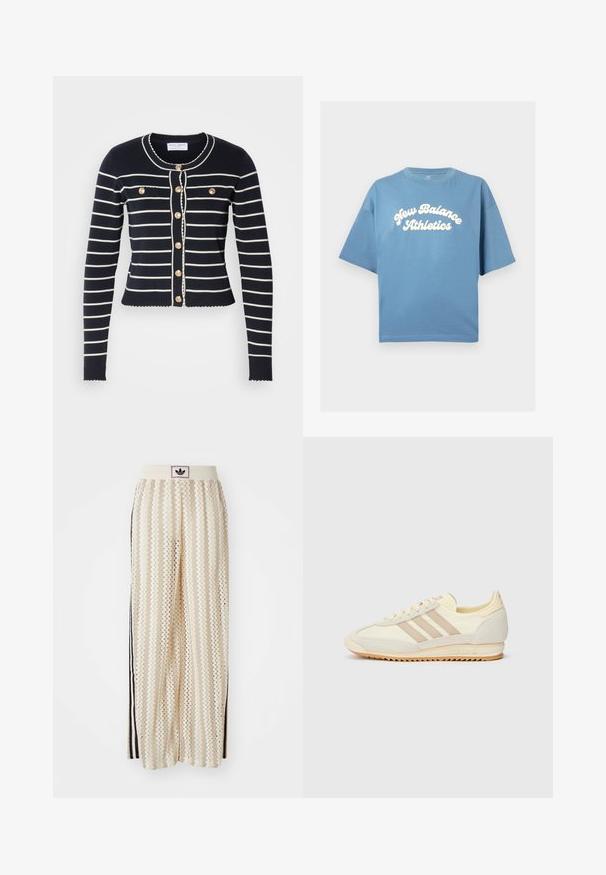Mornarsko modra cardigan s belimi vodoravnimi črtami, zlatimi gumbi in valovitim robom. Ima dve sprednji žepi in okroglo ovratnico.; Modra bombažna majica s prostim krojem, z kratkimi rokavi in okroglo ovratnikom. Bel logo "New Balance Athletics" natisnjen na sredini.; Hlače širokega kroja kremne barve z zigzag vzorcem, opremljene z črnim logotipom na pasu in stranskimi črnimi črtami. Lahka, teksturirana tkanina.; Kremna atletska teniska obutev z tremi bež črtami, usnjatom in tekstilnim materialom, teksturiranim podplatom ter embosiranim logotipom na peti.