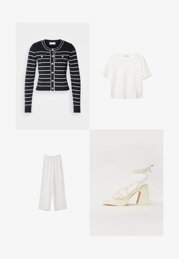 Marineblauer Cardigan mit weißen horizontalen Streifen, goldenen Knöpfen und gewelltem Saum. Verfügt über zwei Fronttaschen und einen runden Halsausschnitt.; Weißes T-Shirt mit kurzen Ärmeln aus Baumwolle. Hat einen Rundhalsausschnitt und eine lockere Passform. Glatte Textur ohne sichtbare Muster oder Akzente.; Weiße weit geschnittene Hose aus leichtem Stoff. Mit einem elastischen Bund und Kordelzug sowie Seitentaschen. Glatte Textur.; Weiße High-Heel-Sandale mit einem klobigen Absatz, die über ein Riemchendesign und ein Knöchelband verfügt. Glatte Textur mit einer Plattform vorne für zusätzliche Höhe.