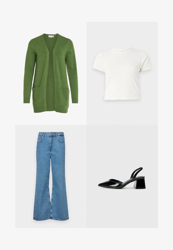 VILA VIRIL OPEN - Vesta na kopčanje - cactus; Kratka bijela majica izrađena od pamuka s kratkim rukavima, okruglim izrezom i ravnim rubom, koja se odlikuje glatkom teksturom i minimalnim dizajnom.; Svijetloplave traperice s flared nogavicama, visokog struka, s pet džepova i jednim dugmetom za zatvaranje. Mekani materijal s izblijedjelim izgledom.; Crne lakirane kožne sandale s otvorenom petom i špicastim vrhom, s geometrijskom blok petom. Imaju elegantan, minimalistički dizajn i glatku teksturu.