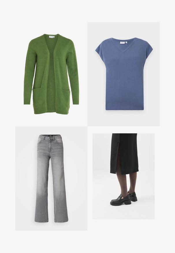 VILA VIRIL OPEN - Gilet - cactus; T-shirt à col en V et manches courtes de couleur bleu atténué, fabriqué en coton doux avec une texture lisse et une coupe décontractée.; Jean en denim gris taille haute à jambes droites avec bouton et fermeture éclair à l'avant, poches avant et arrière, et décoloration sur les cuisses et les mollets.; Chaussures noires en cuir avec un bout arrondi, un épais talon bloc et des accents latéraux élastiques, associées à des bas foncés et une jupe noire avec une fente.