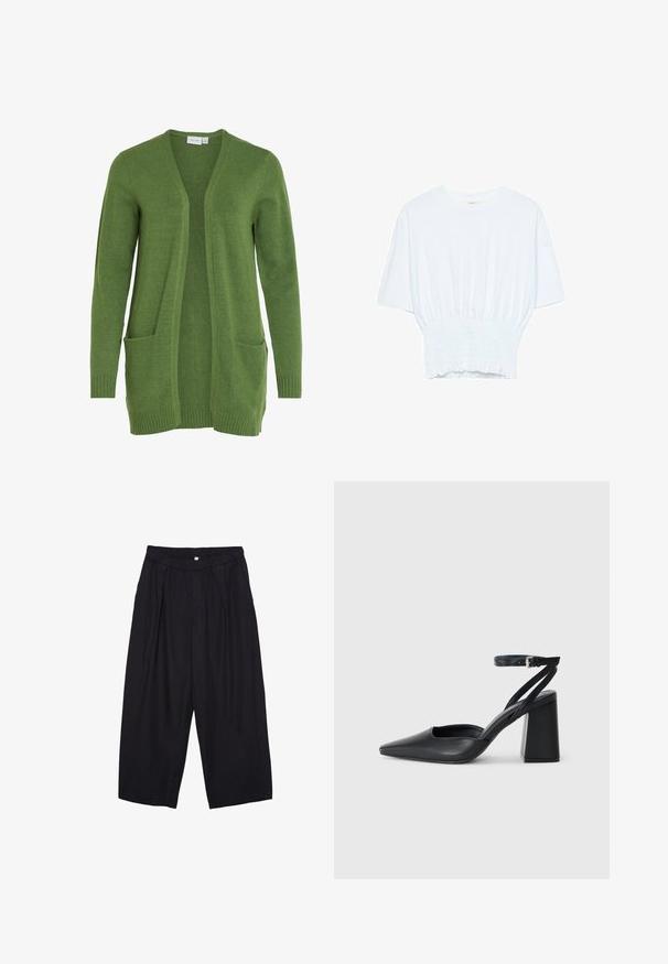 VILA VIRIL OPEN - Neuletakki - cactus; Valkoinen lyhythihainen t-paita, jossa on rento leikkaus ja frillattu tekstuuri vyötäröllä. Valmistettu pehmeästä, kevyestä kankaasta.; Musta polyesterinen culotte-housut, jossa on joustava vyötärö, kaksi etupleettiä ja löysä siluetti. Ei näkyviä kuvioita tai metallisia yksityiskohtia.; Mustat nahkakengät, joissa on kapea kärki, nilkkaremmi ja paksu korko. Tasainen pinta, tyylikäs muotoilu ja minimalistinen estetiikka.