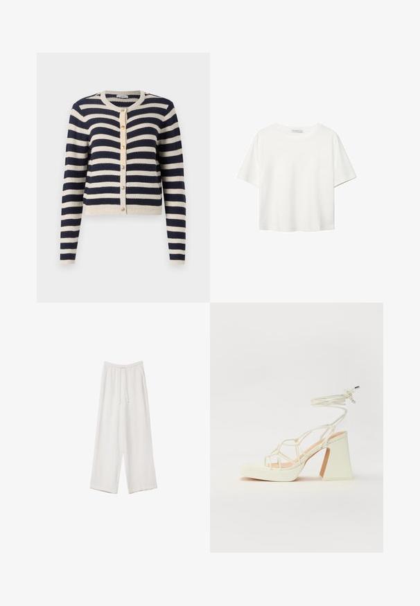 Mornarsko modri in kremni prugasti kardigan z okroglim izrezom, zapenjanjem na gumbi in teksturno pletenino. Z ribastimi robovi na manšetah in obrobi.; Bela kratka majica s kratkimi rokavi iz bombaža. Ima okroglo izrezovanje in sproščen kroj. Gladka tekstura brez vidnih vzorcev ali poudarkov.; Bele široke hlače iz lahkega materiala. Imajo elastičen pas s vrvico in stranske žepe. Gladka tekstura.; Bela sandala na visokih petah s debelim petam, ki ima obliko trakcev in vezanje okoli gležnja. Gladka tekstura z platformo spredaj za dodatno višino.