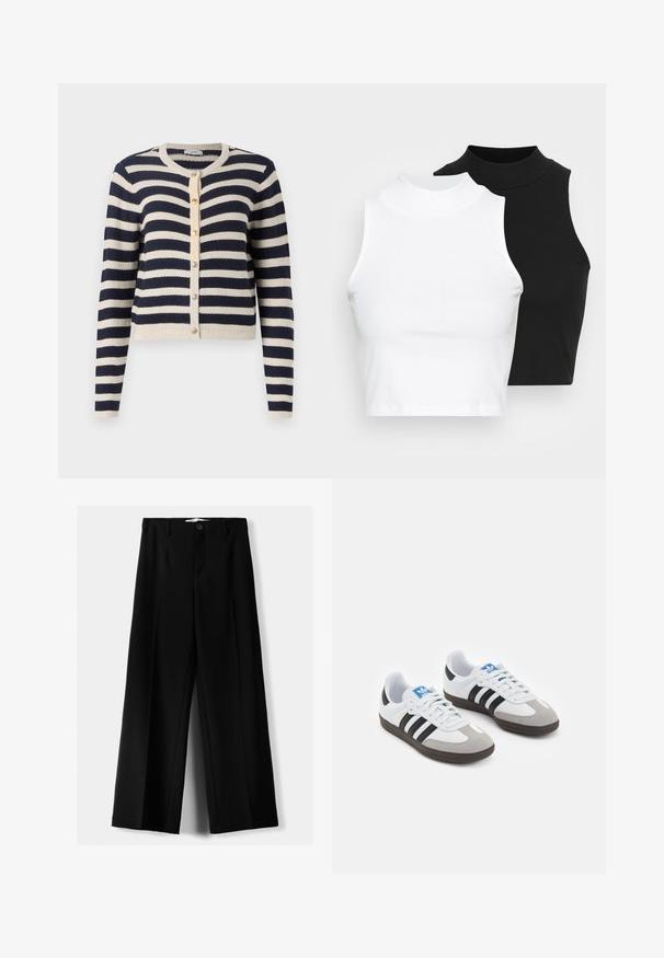 Kék és krém csíkozott kardigán kerek nyakkal, gombos záródással és strukturált kötött anyagból. Bordás díszítéssel a mandzsettákon és az alján.; Két ujjatlan, bordázott garbós top fekete és fehér színben, testhezálló kialakítással és sima textúrával, rövidített hosszal.; Fekete, bő szárú nadrág, könnyű anyagból, elöl gombos záródással és sima elfröccsenésű fazonnal, szépen varrott szegélyekkel.; Fehér bőr felsőrészes sportcipő, szürke velúrból készült orral és három fekete csíkkal. Jellemzője a kék logó a nyelvén és egy texturált gumitalp.