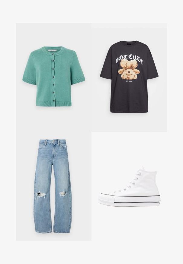 Téglakék színű, rövid ujjú kardigán, textúrált kötött anyagból készült. Kerek nyakkivágással, gombos záródással és bordázott szegéllyel és ujjakra rendelkezik.; Fekete, oversized póló, rajta egy medvével és a "NEM CUKI, HANEM FÉKTELEN" felirattal vastag, fehér betűkkel. Pamut anyag.; Világoskék, magas derekú farmernadrág. Széles lábakkal, két szakadt térddel és klasszikus öt zsebes dizájnnal rendelkezik.; Fehér magaskorsó vászon sportcipő fekete gumi talppal, elülső gumi orrnyereggel és hat fűzőlyukkal, letisztult, minimalista dizájnnal.