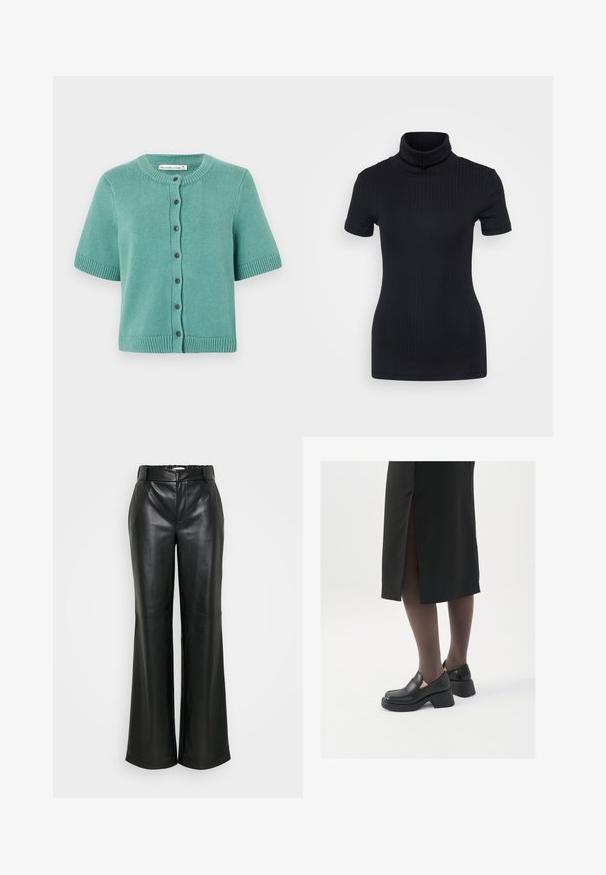 Short-sleeve cardigan in teal, made of textured knit fabric. Features a round neckline, button closure, and ribbed hem and sleeves.; Black ribbed turtleneck top, short sleeves, form-fitting design, soft texture, minimal seams, and a high collar.; ONLY Tall ONLSMOOTH WIDE - Trousers - black; Black leather shoes with a rounded toe, thick block heel, and elastic side accents, paired with dark tights and a black skirt with a slit.