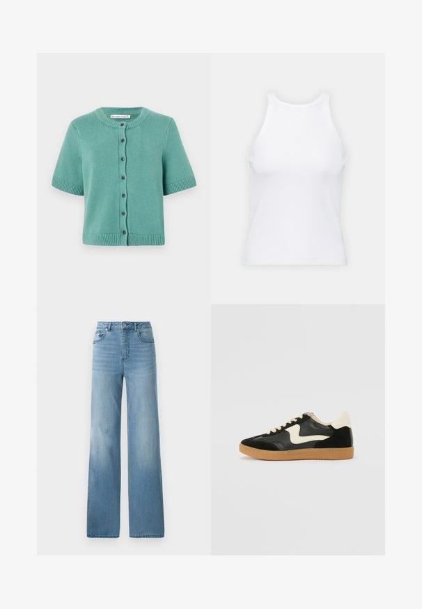 Kortærmet cardigan i teal, lavet af struktureret strikstof. Har en rund halsudskæring, knaplukning og ribbet kant og ærmer.; Hvid ærmeløs tanktop lavet af ribbet stof, med en rund halsudskæring og en tætsiddende silhuet, med minimale sømme og ingen pynt.; Lyseblå højtaljede jeans med lige ben. Fremstillet af denim, med fem lommer og knaplukning.; Sorte ruskinds- og lædersneakers med en cremefarvet side-swoosh og lys cremefarvet hæl. Har beige snørebånd og en gummirubber-sål.
