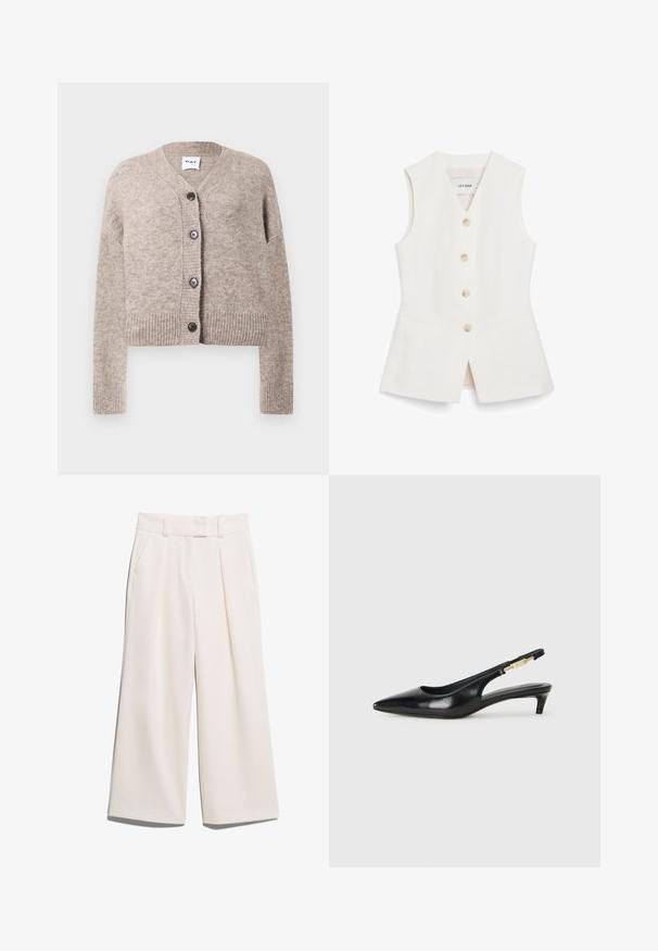 Beige stickad cardigan med v-ringning, ribbad fåll och långa ärmar. Har fem svarta knappar längs framsidan. Mjuk, texturerad tyg.; Vit ärmlös väst med en figurnära design, sex runda knappar och två framfickor. Tillverkad av ett slätt material med en ren finish.; Vida byxor i en ljus krämfärg, tillverkade av ett mjukt tyg med två framfickor och synlig söm på midjebandet.; Svart läder slingback-hälar med spetsig tå, med en smal klack och en guldtonad detalj på den justerbara remmen. Slät textur.