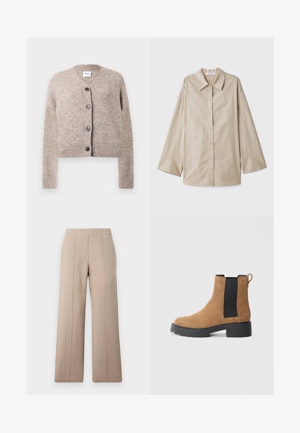 Béžový pletený kardigán s výstrihom do V, ribbeným lemom a dlhými rukávmi. Disponuje piatimi čiernymi gombíkmi pozdĺž prednej strany. Mäký, textúrovaný materiál.; Béžová košeľa s dlhými rukávmi, veľkým špicatým golierom, s gombíkovým zapínaním a širokými manžetami. Vyrobená z hladkej, ľahkej tkaniny.; Béžové nohavice s širokými nohavicami vyrobené z ľahkého materiálu, s prednými skladmi, hladkým pásom a rovný strih s čistými lemami.; Hnedé semišové čižmy po členky s čiernym elastickým bočným panelom, masívnou čiernou podrážkou, sťahovacím pútkom na zadnej strane a embosovaným logom "cK" blízko členka.