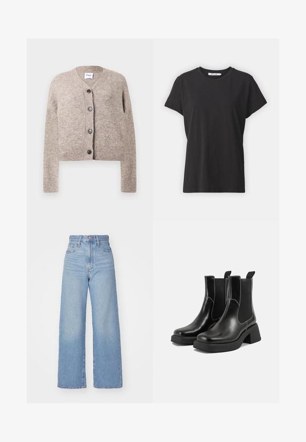 Cardigan bej tricotat cu decolteu în v, tiv ondulat și mâneci lungi. Prezintă cinci butoane negre pe toată fața. Material moale, texturat.; Tricou negru din bumbac cu gât clasic, mâneci scurte și o croială lejeră. Textură fină, fără modele sau accente vizibile.; Jeans cu talie înaltă, de culoare albastru deschis, cu croială largă, dotate cu nasture și fermoar la față, buzunare în față și spate, pe un fundal alb.; Botine Chelsea din piele neagră, cu toc masiv, panouri laterale elastice și cusături albe contrastante. Finisaj texturat.