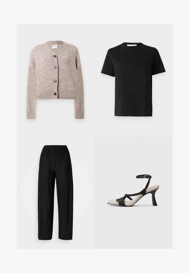 Beige strikket cardigan med v-hals, ribbet nederkant og lange ermer. Har fem svarte knapper langs forsiden. Mykt, teksturert stoff.; Svart kortermet t-skjorte laget av myk bomull, med rund hals, avslappet passform og en jevn tekstur. Ingen synlige mønstre eller grafikk.; Svart, pregede bukser med løs midje som har bred benvidde. Stoffet har vertikale folder og en glatt tekstur.; Sorte helårs sandaler med flettet stroppesdesign, firkantet tå og justerbar ankelrem. Lys beige fotseng med glanset svart hæl.