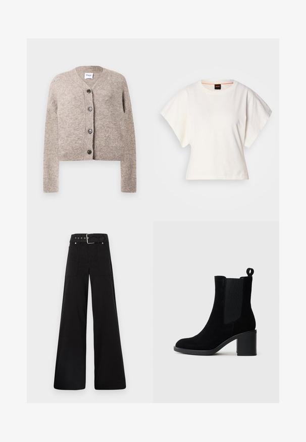 Beige gestrickte Strickjacke mit V-Ausschnitt, geripptem Saum und langen Ärmeln. Mit fünf schwarzen Knöpfen entlang der Vorderseite. Weicher, strukturierter Stoff.; Weißes, kurzes T-Shirt, kurze weite Ärmel, weicher Baumwollstoff, runder Ausschnitt mit subtilen orangefarbenen Akzenten, minimales Design, keine Muster oder Grafiken.; Schwarze weitgeschnittene Hose aus Baumwolle, mit hoher Taille, großen Seitentaschen und einem taillierten Bund mit silbernen Hardware-Akzenten.; Schwarze Wildleder-Stiefelette mit klobigem Absatz, elastischen seitlichen Einsätzen und Zuglasche. Glatte Textur und abgerundete Zehenform.