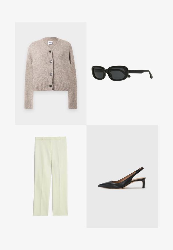 Beige strikket cardigan med v-hals, ribbet kant og lange ærmer. Har fem sorte knapper fortil. Blødt, struktureret stof.; Simpel hvid t-shirt med korte ærmer og rund halsudskæring, slim fit, præsenteret fladt mod en hvid baggrund.; Cremefarvede skræddersyede bukser med lige ben, der har en glat front, bæltestropper og en glat tekstur.; Sort læder slingback pumpe med spids tå, lav hæl og en glat overflade. Har en tynd justerbar rem for en sikker pasform.; Sorte rektangulære solbriller med en tyk ramme, mørkt tonede linser og et slankt design. Bøjlerne har en glat finish.