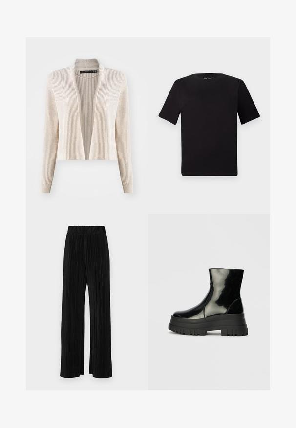 Bež kudumisega kardigan, millel on ribakujuline tekstuur, avatud esiserv ja pikad varrukad. Keskmise pikkusega, lõdva istuvusega ja ilma kinnitusteta.; Must olema lühikeste varrukatega must t-särk ümmarguse kaelusega, valmistatud pehmest puuvillast kangast. Lihtne disain, ilma nähtavate logode või mustriteta.; Mustad pleekitud püksid elastse vöökohtaga. Omavad laiad jalad ja sujuvat, tekstureeritud kangast vertikaalsete triipudega.; Must mustakate läikiv ankle boot paksu lõkkeka üle ja ümarate varvastega, külgvaates halli ühtlase taustal.