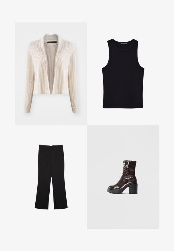 Bež pleteni cardigan z rebrasto teksturo, z odprtim sprednjim delom in dolgimi rokavi. Srednje dolžine, sproščenega kroja in brez zaklepanja.; Črna majica brez rokavov iz bombaža, z okroglim izrezom in širokimi odprtinami za roke. Gladka tekstura s šivi na robovih. Klasičen, minimalističen dizajn.; Črne hlače ravnega kroja z naglavnimi žepi in stranskimi razporki na robu. Narejene iz mehke, gladke tkanine. Primerne za različne priložnosti.; Sijajan škrlatank z bleščečim videzom, z masivnim črnim peto, ki se ponaša z gladko teksturo in preprostim dizajnom. Brez vidnih zapenjal ali vzorcev.