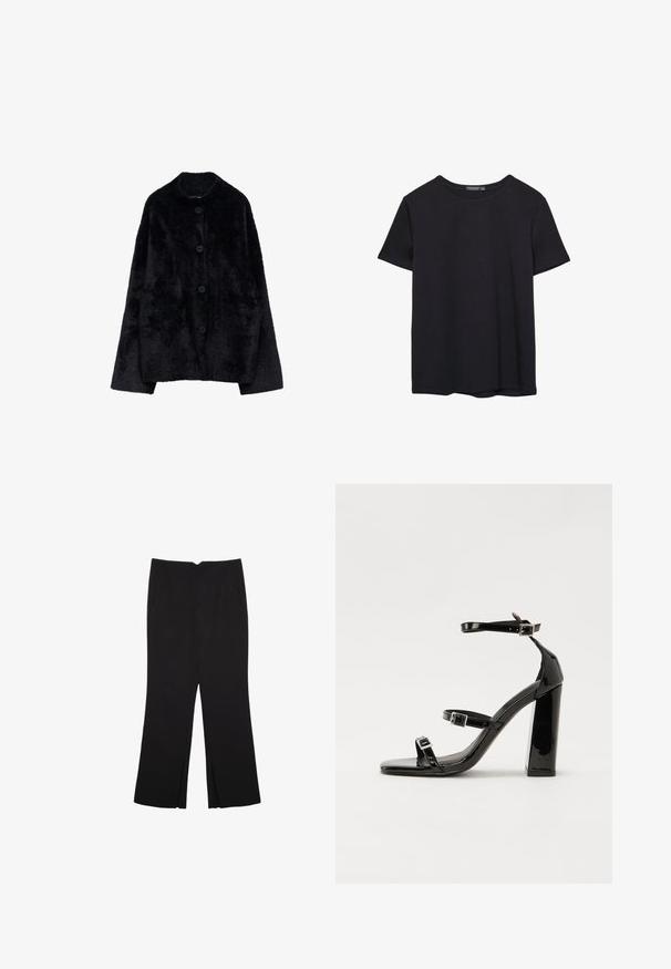 Czarna futrzana kurtka zapinana na guziki z długimi rękawami i okrągłym kołnierzykiem, prezentowana na białym tle.; Prosta, krótko rękawowa czarna koszulka bawełniana z okrągłym dekoltem, prezentowana na białym tle.; Czarne spodnie o prostym kroju, z przednimi kieszeniami i bocznymi rozcięciami na dole. Wykonane z miękkiego, gładkiego materiału. Odpowiednie na różne okazje.; Czarne lakierowane sandały na obcasie z kwadratowym noskiem, z paskami wokół kostki i srebrnymi klamrami. Posiadają masywny słupek dla stabilności.