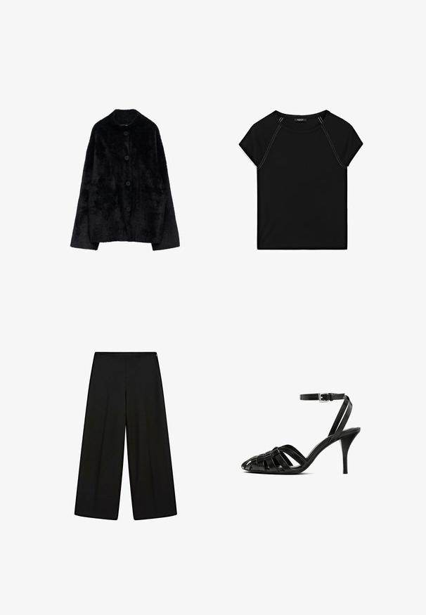 Zwarte fuzzy button-up jas met lange mouwen en een ronde kraag, weergegeven op een witte achtergrond.; Zwarte top met korte mouwen, voorzien van een ronde halslijn en contrasterende witte stiksels langs de schouders en zijkanten. Zachte, gladde stof.; Zwarte wijde pantalons van zachte stof, met een hoge taille en plooien, met een gladde textuur en zonder zichtbare versieringen.; Zwarte leren hoge hakken sandaal met een enkelbandje, met gevlochten banden over de tenen, een gladde afwerking en een spitse teenvorm.
