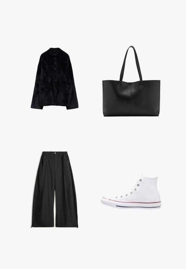 Czarna futrzana kurtka zapinana na guziki z długimi rękawami i okrągłym kołnierzykiem, prezentowana na białym tle.; Biała bawełniana koszulka z okrągłym dekoltem, krótkimi rękawami i luźnym krojem. Gładka tekstura, bez wzorów lub akcentów.; Czarne spodnie o szerokich nogawkach z wysokim stanem, z plisami, z przodu zapinane na guzik oraz dwoma bocznymi kieszeniami. Wykonane z materiału o teksturowanym wykończeniu.; Białe sneakersy za kostkę zrobione z skóry, z metalowymi oczkami w kolorze srebrnym, gumowym noskiem oraz czerwono-granatowym paskiem na podeszwie.; Czarna skórzana torba tote z dwoma długimi uchwytami, elegancki design i subtelne detale przeszycia wzdłuż środkowej szwu. Gładka tekstura.