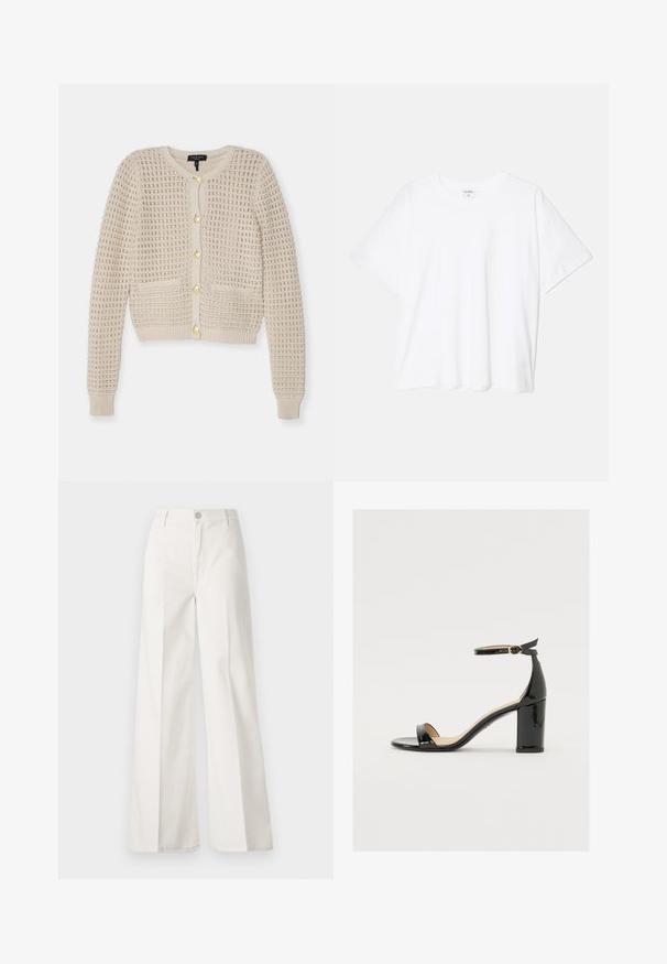 Beige villatakki, jossa on teksturoitu neulekuosi, pitkät hihat, pyöreä pääntie, kultaiset napit ja kaksi etutaskua.; Valkoinen puuvillapaita lyhyillä hihoilla, pyöreällä pääntiellä, rentoa tyyliä ja ommeltu helma. Tunniste näkyvissä sisäkauluksessa.; Valkoiset leveälahkeiset housut, jotka on valmistettu puuvillasta ja joissa on sileä rakenne. Ominaisuuksiin kuuluvat etupainike, vetoketjuluukku ja neljän taskun muotoilu.; Mustat patenttinahtiset sandaalit, joissa on leveä korko, avoin varvas ja nilkkahihna, jossa on kultainen solki. Suora pinta ja tyylikäs muotoilu.