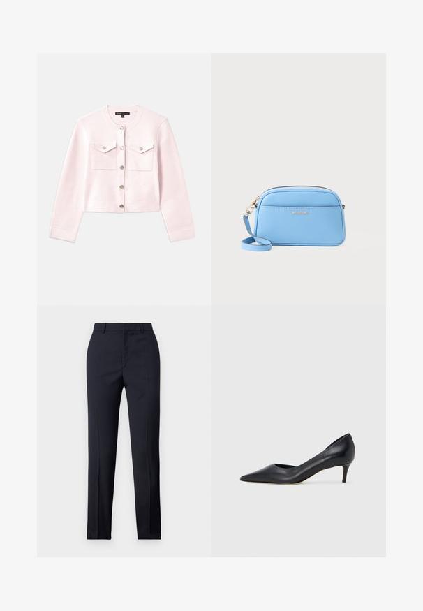 Svijetloružičasti skrateni kardigan od mekog materijala s okruglim izrezom, srebrnim gumbima i dva prednja džepa s poklopcima.; Crna rebrasta majica s okruglim izrezom i kratkim rukavima. Mekana tkanina s prilagođenim oblikom, sa etiketom na vratu.; Mornarsko plave krojene hlače ravnog kroja, sa glatkom teksturom, dvije prednje džepove i urednim pojasom.; Crna kožna cipela s vrhom u špic i niskom petom. Ima glatku teksturu i suptilan sjaj. Prednji dio je otvoren za dodatni detalj.; Svijetloplava kožna torba preko tijela s zlatnim detaljima, zatvaranjem na zip i prednjim džepom. Ima podesivu naramenicu za praktičnost.