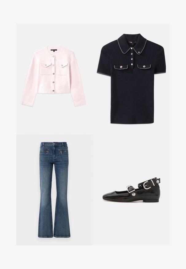 Cardigan court rose clair en tissu doux, avec un col rond, des boutons argentés et deux poches avant à rabat.; Polo shirt côtelé bleu marine avec un col pointu, des manches courtes et deux poches avant avec des boutons-pression ; souligné par des accents de couture blanche.; Jeans en denim bleu évasés avec une taille mi-haute, dotés de poches avant et arrière et d'un léger délavage.; Ballerine en cuir verni noir avec un bout carré, sangle de cheville avec des détails en métal argenté et semelle plate. Texture lisse avec un design minimaliste.