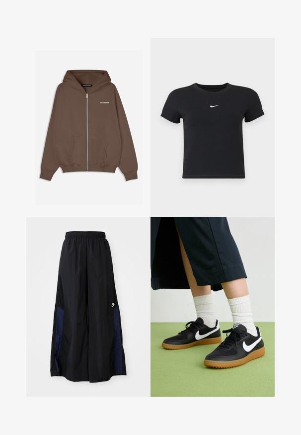 Brown zip-up hoodie with a drawstring hood, front pockets, ribbed cuffs, and a small white "PEGADOR" logo on the chest. Smooth texture.; Black short-sleeve t-shirt made of cotton with a round neckline. Features a white Nike logo on the chest, minimalistic design, and fitted shape.; Black wide-leg pants made of lightweight fabric, featuring a navy blue side panel and an elastic waistband. Small white logo on bottom.; Black leather and synthetic sneakers with white Nike swoosh, rubber gum sole, round toe, and black laces. Ribbed white socks visible.