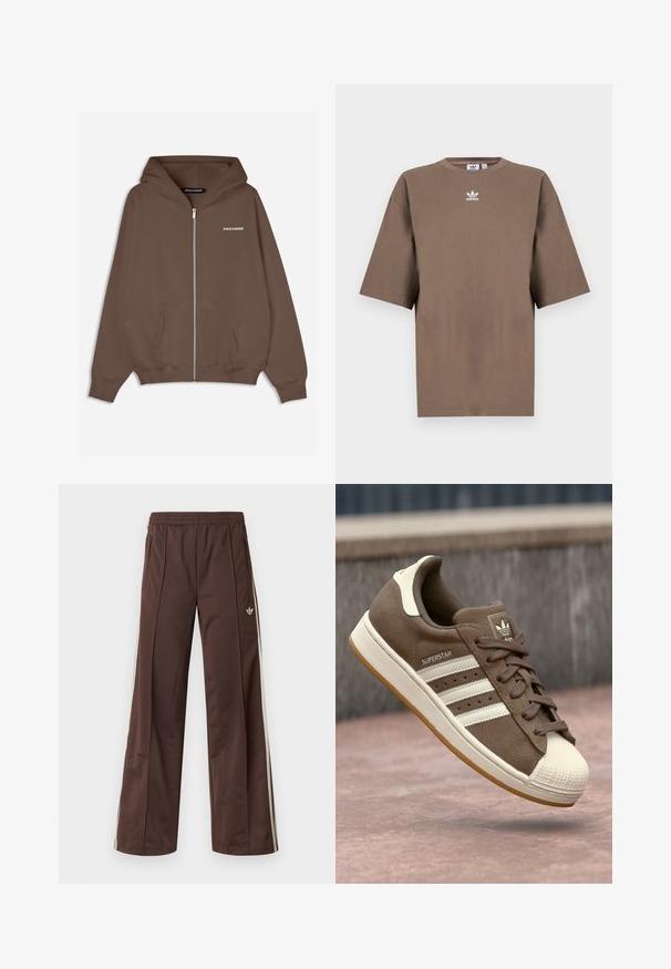 Brūns zip-up kapuce ar aukliņu, priekšējām kabatām, ribotām aprocēm un mazu balto "PEGADOR" logotipu uz krūšu daļas. Gluda tekstūra.; Brūna kokvilnas T-krekls īsām piedurknēm, apaļa kakla izgriezums, ar baltu Adidas logo centrā krūtīs, ar vienkāršu dizainu un brīvu piegriezumu.; Brūnas sporta bikses ar platu kāju dizainu, baltām sānu svītrām, elastīgu jostasvietu un divām sānu kabatām. Uz kājas ir mazs logotips.; Brūni zamšādas sporta apavi ar baltām svītrām, krēmkrāsas akcentiem un gumijas purngalu. Piedāvā saistīšanas dizainu un teksturētu gumijas zoli.