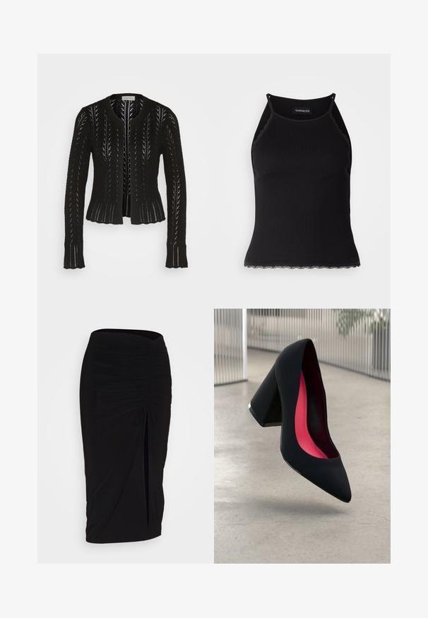 Černý pletený cardigan s otevřeným designem, kulatým výstřihem, dlouhými rukávy a ozdobně zoubkovaným lemem. Přední strana nemá zapínání.; Černý žebrovaný top na ramínka s krajkovým lemem na spodním okraji. Obsahuje tenké ramínka a přiléhavý střih. Vyrobeno z elastické látky.; Černá, řasená tužková sukně s detailem na zavazování a bočním rozparkem. Vyrobena z elastického materiálu s hladkou texturou a přiléhavým střihem.; Černá vysoká podpatková bota s špičatou špičkou, texturovaným povrchem a živým růžovým interiérem. Obsahuje masivní podpatek se stříbrným akcentem.