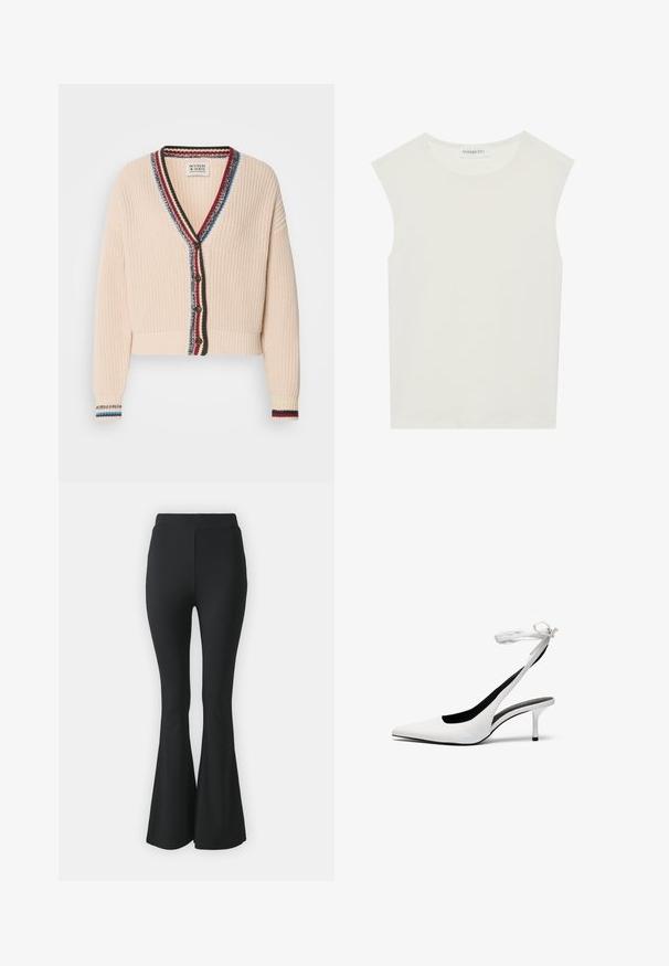 Cardigan corto color crema con un knit testurizzato, dotato di scollo a V, bordo a strisce multicolore e bottoni in legno.; Top bianco senza maniche con scollatura rotonda. Realizzato in tessuto liscio, presenta una vestibilità rilassata e un design minimalista. Nessun motivo o accentuazione.; Pantaloni neri a campana realizzati in tessuto elastico. Presentano una vita alta e un design liscio e aderente che si allarga dal ginocchio in giù.; Tacchi slingback bianchi a punta con cinturino sottile alla caviglia. Materiale in pelle liscia, tacco stiletto sottile e rivestimento interno nero.