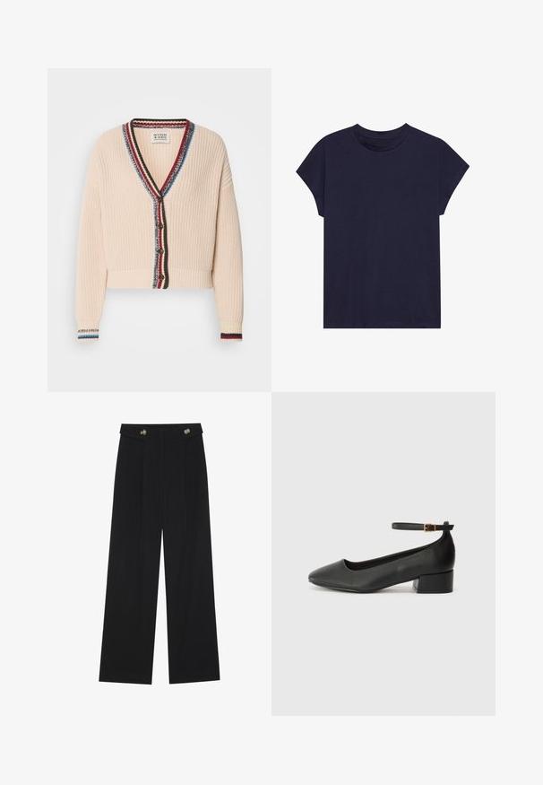 Cardigan corto color crema con un knit testurizzato, dotato di scollo a V, bordo a strisce multicolore e bottoni in legno.; T-shirt in cotone blu navy con scollo rotondo e maniche corte, caratterizzato da una vestibilità comoda e una texture liscia. Nessun motivo o dettaglio decorativo.; Pantaloni neri a gamba larga con vita alta, dettagli con bottoni in vita e pieghe frontali.; Pump in pelle nera con punta affusolata e tacco basso a blocco. Presenta una cinghia alla caviglia con una fibbia in tonalità oro. Texture liscia.