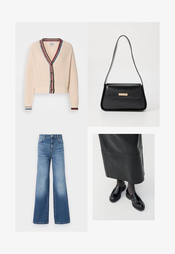 Cream-colored cropped cardigan with a textured knit, featuring a V-neckline, multicolored striped trim, and wooden buttons.; Black sleeveless turtleneck top, made from smooth fabric. Fitted design with a high neck and a straight hem, minimalistic and solid color.; Light blue denim wide-leg jeans with a high waistband, featuring five pockets, belt loops, and a subtle fade effect towards the hem.; Black leather loafers with a smooth finish, featuring a decorative strap, round toe, and textured sole. Worn with a long black leather skirt.; Black leather handbag with a structured triangular shape, slim strap, and gold-tone hardware featuring a logo plaque on the front flap.; Gold hoop earrings with a textured, irregular shape. Features a seamless closure and a polished surface finish, emphasizing a modern design.